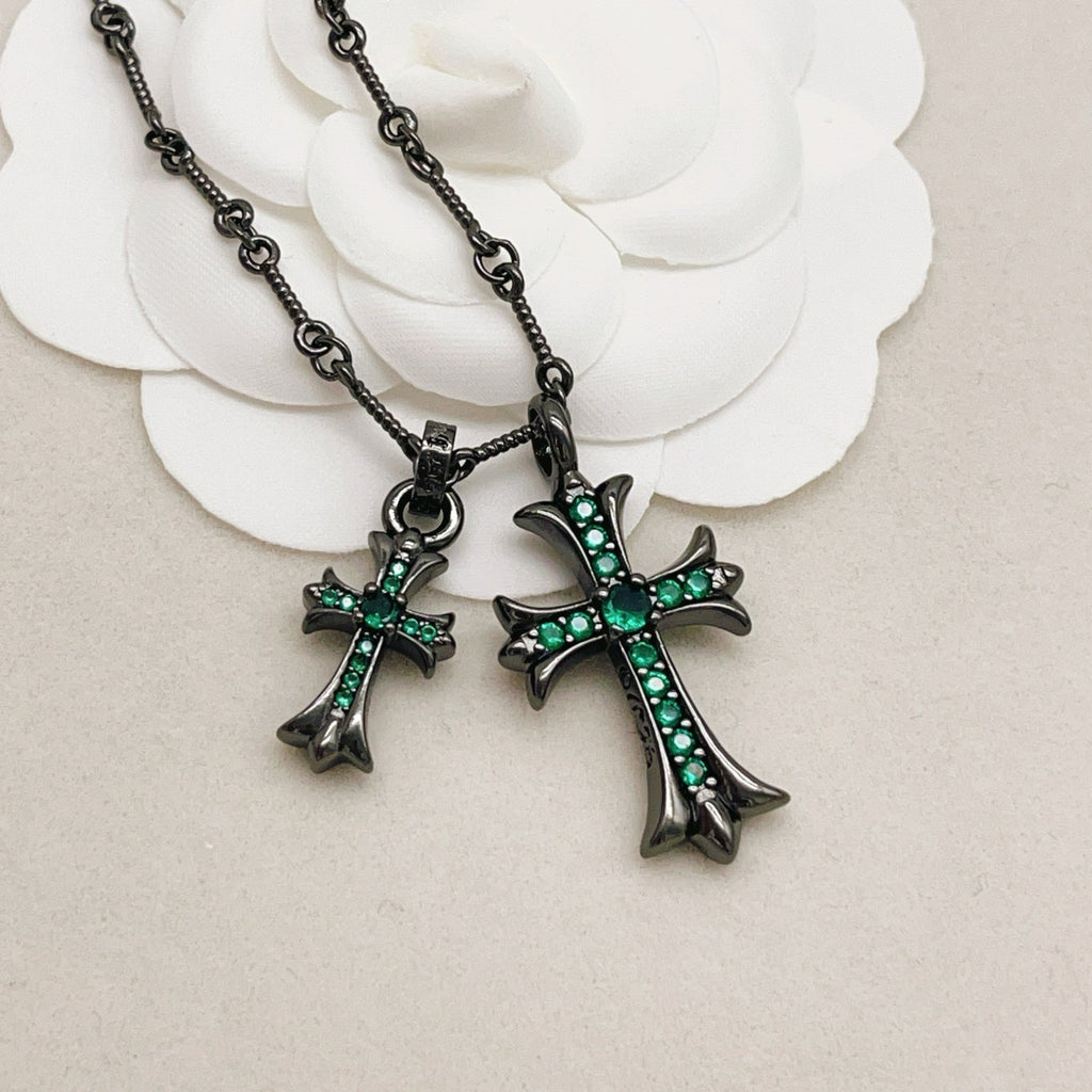 Chrome Hearts Black, Silver, and Green Diamond Double Cross Necklace