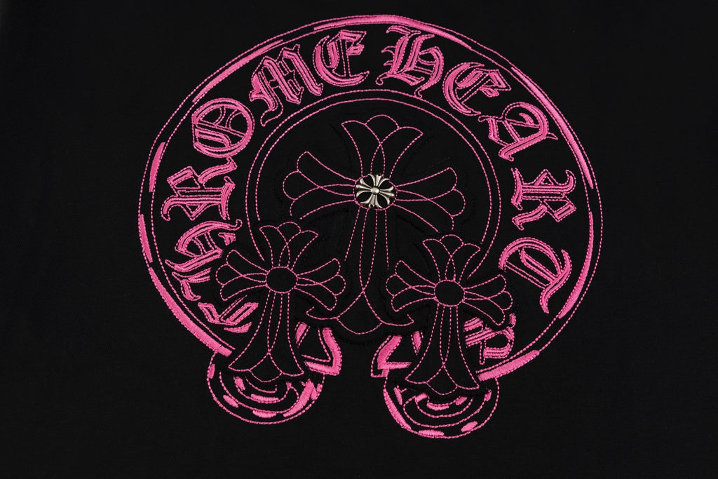 Chrome Hearts Black T-Shirt with Pink Embroidered Horseshoe Cross Graphic