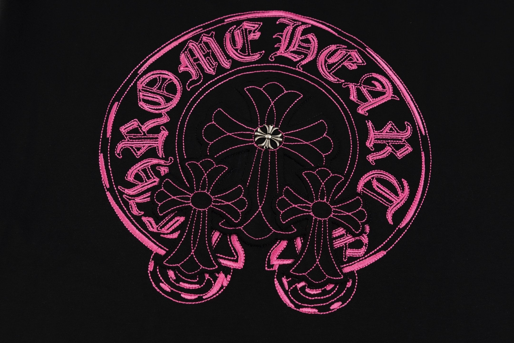 Chrome Hearts Black T-Shirt with Pink Embroidered Horseshoe Cross Graphic
