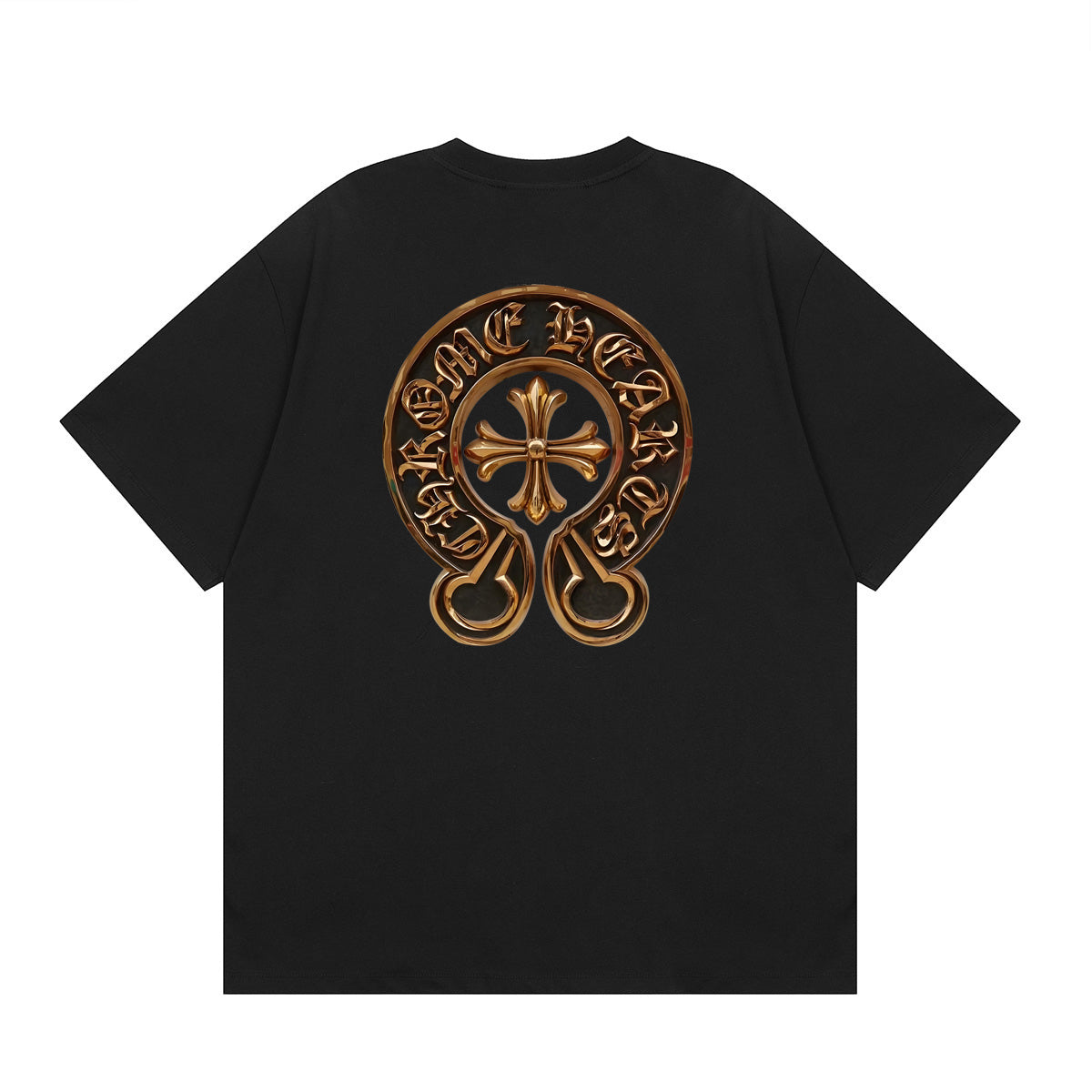 Chrome Hearts Style Gold Horseshoe Cross T-Shirt - 3D Metallic Embossed Graphic, Black Cotton Streetwear Tee