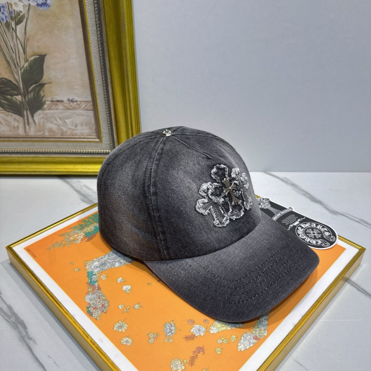 Chrome Hearts Dark Gray Washed & Distressed Denim Baseball Cap