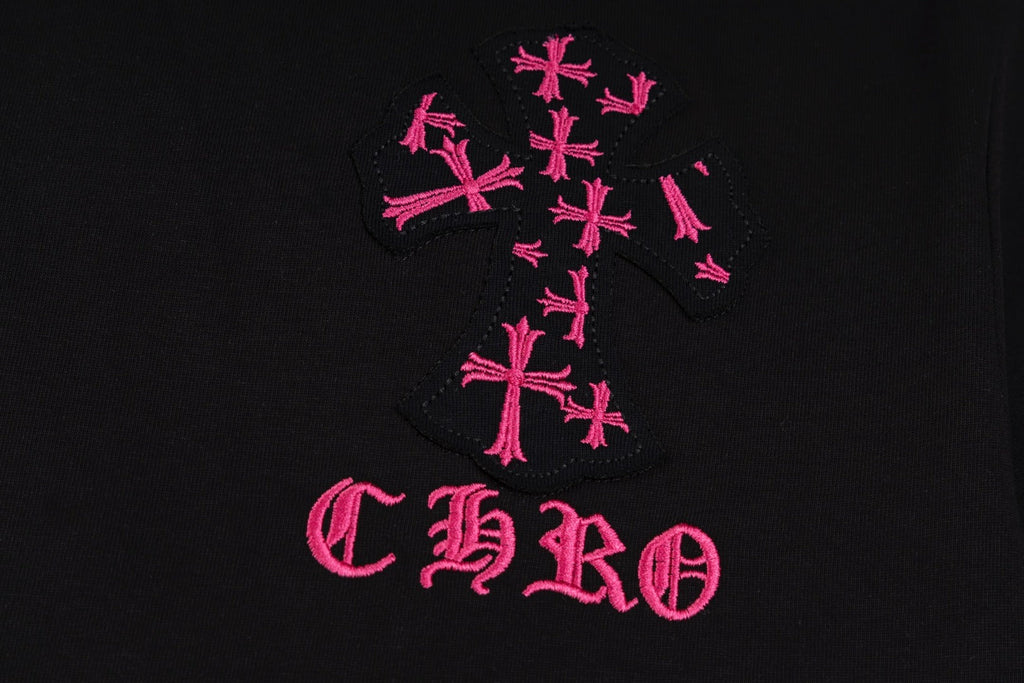 Chrome Hearts Black T-Shirt with Pink Multi-Cross Appliqué and Embroidery