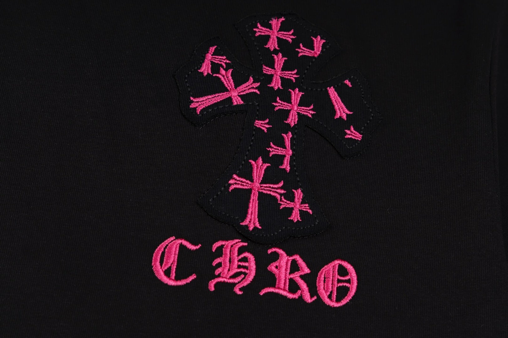 Chrome Hearts Black T-Shirt with Pink Multi-Cross Appliqué and Embroidery