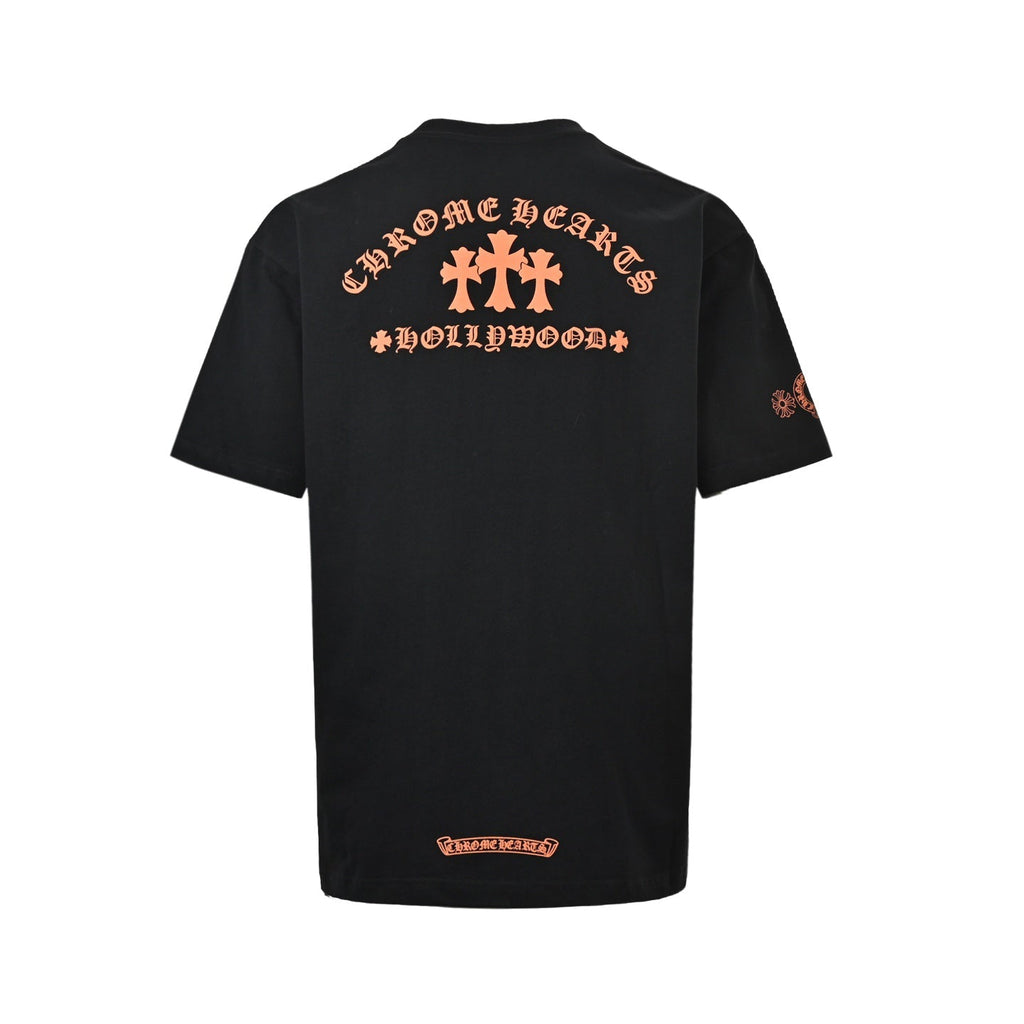 Chrome Hearts 2026 SS Hollywood Triple Cross Pocket T-Shirt - Black Unisex Cotton Tee with Orange Gothic Logo