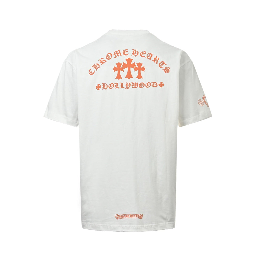 Chrome Hearts 2026 SS Hollywood Triple Cross Pocket T-Shirt - White Unisex Cotton Tee with Orange Gothic Logo