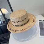 French Retro Style Hand-Woven Openwork Raffia Flat-Top Straw Hat
