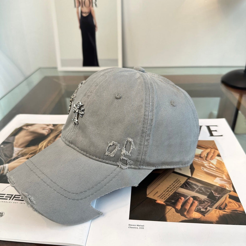 Chrome Hearts Grey Washed, Distressed, and Ripped Baseball Cap