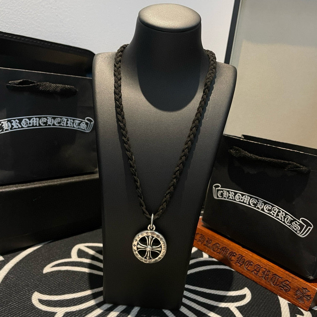 Chrome Hearts Round Openwork Cross Leather Cord Necklace