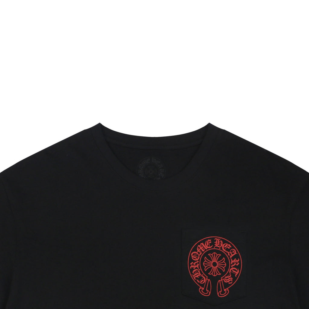 Chrome Hearts Style Red Embroidered Horseshoe Pocket T-Shirt - Black Cotton Streetwear Tee