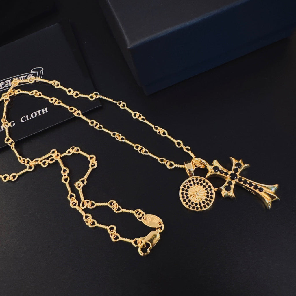 Chrome Hearts Cross and Smiley Face Double-Pendant Necklace