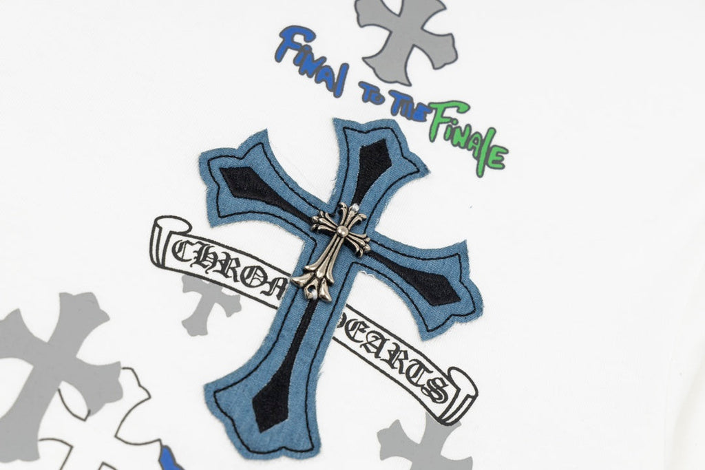 Chrome Hearts 2026 SS Blue & Silver Cross Embroidered T-Shirt - White Unisex Cotton Tee with Gothic Logo