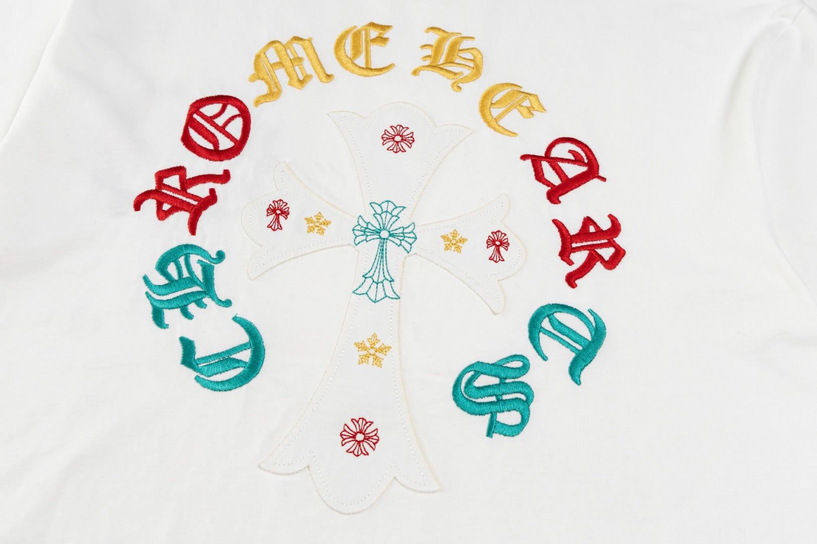 Men's Streetwear T-Shirt - Colorful Sanskrit & Cross Embroidery, Premium Cotton, Unisex Casual Top
