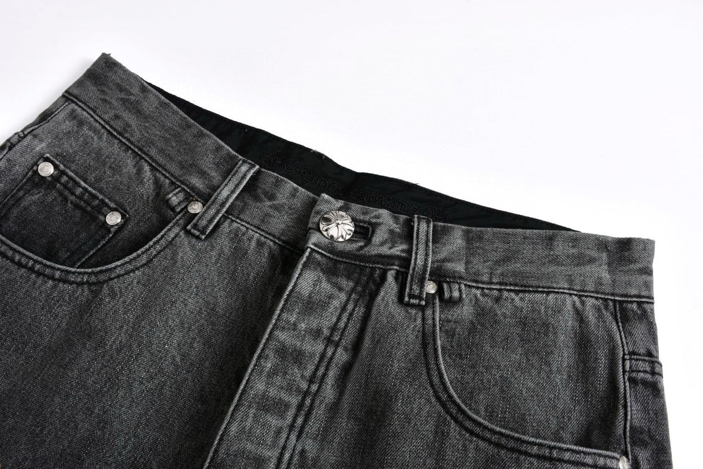 Chrome Hearts Limited Edition Black & Grey Washed Denim Jeans with Flame Leather Appliqués
