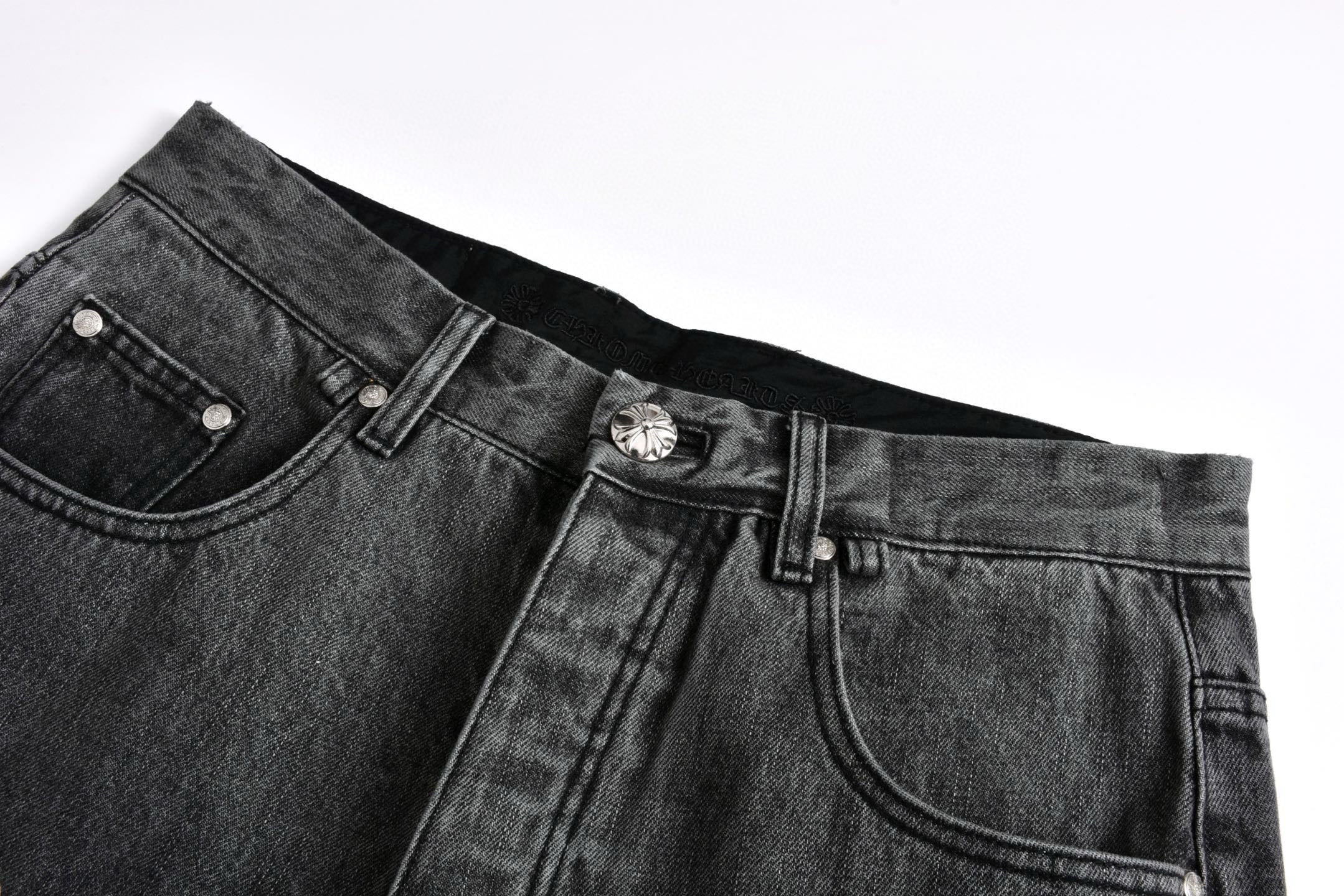 Chrome Hearts Limited Edition Black & Grey Washed Denim Jeans with Flame Leather Appliqués
