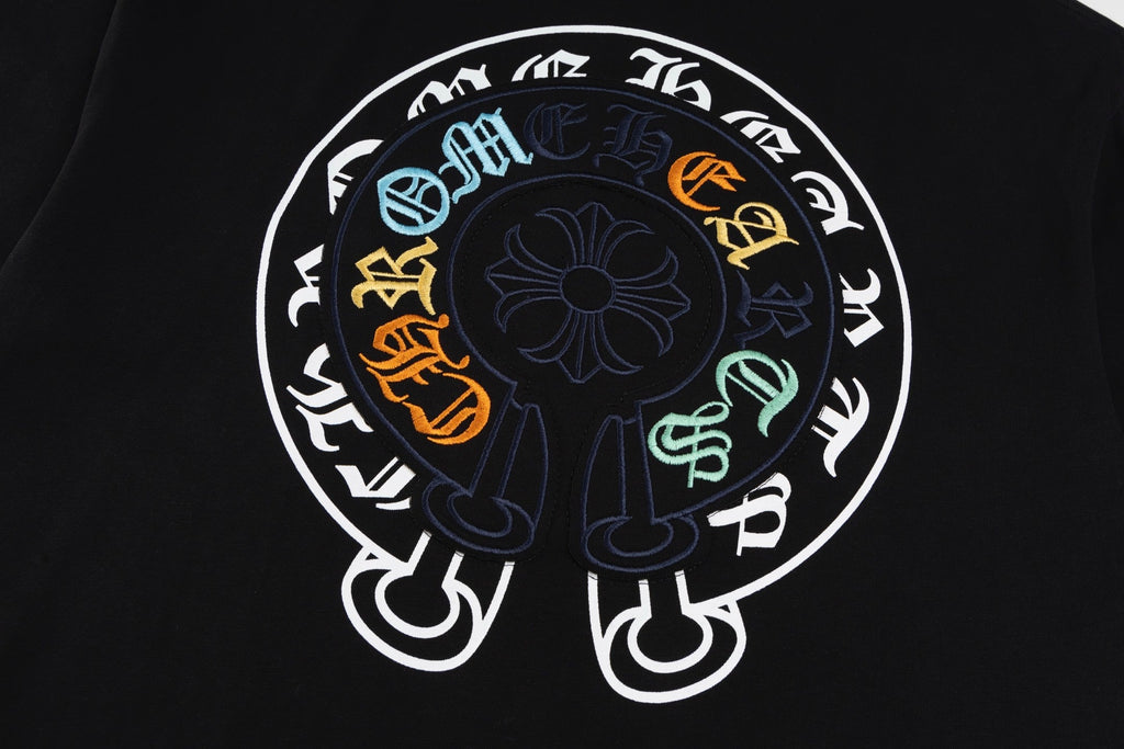 Chrome Hearts Black T-Shirt with Colorful Embroidered Horseshoe Cross Graphic
