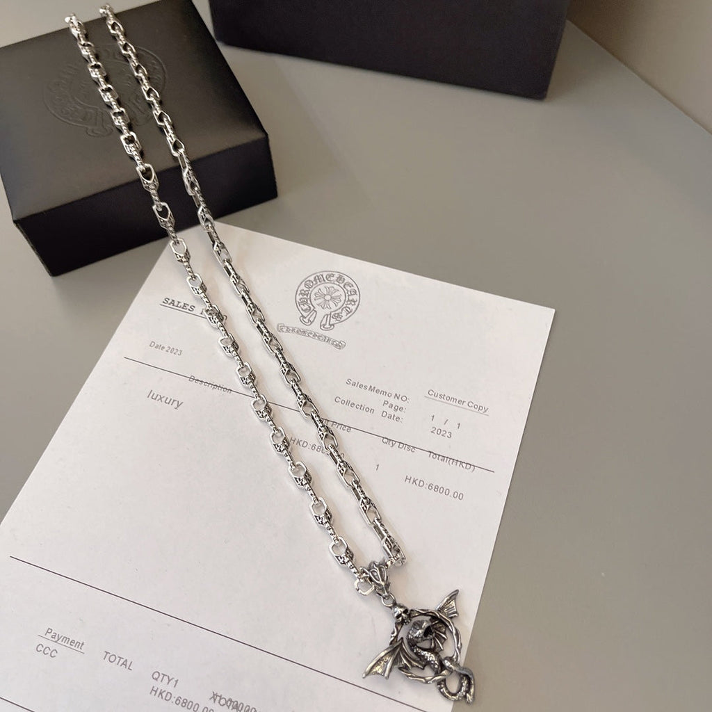 Chrome Hearts Skull and Flying Dragon Pendant Necklace