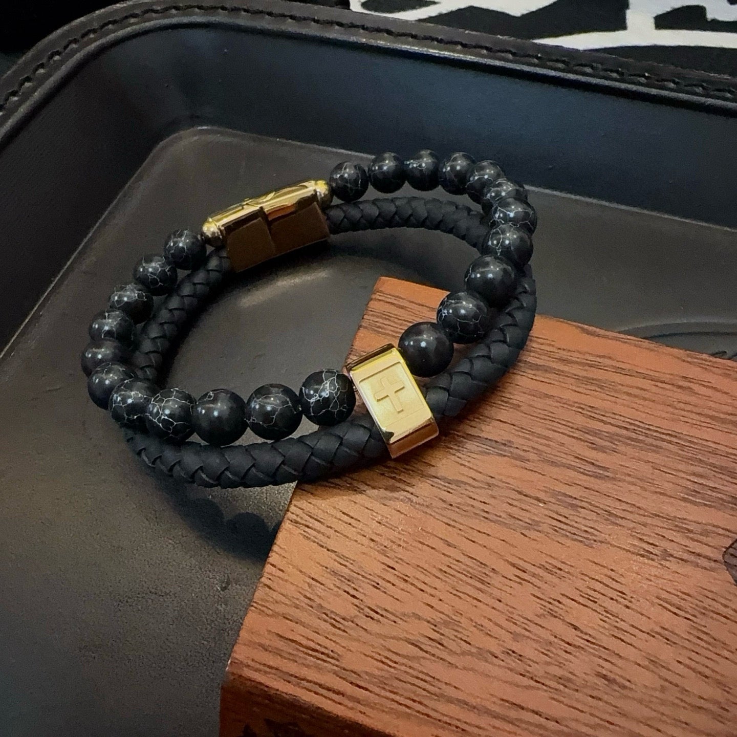 Chrome Hearts Double-Layer Bracelet: Volcanic Stone and Leather