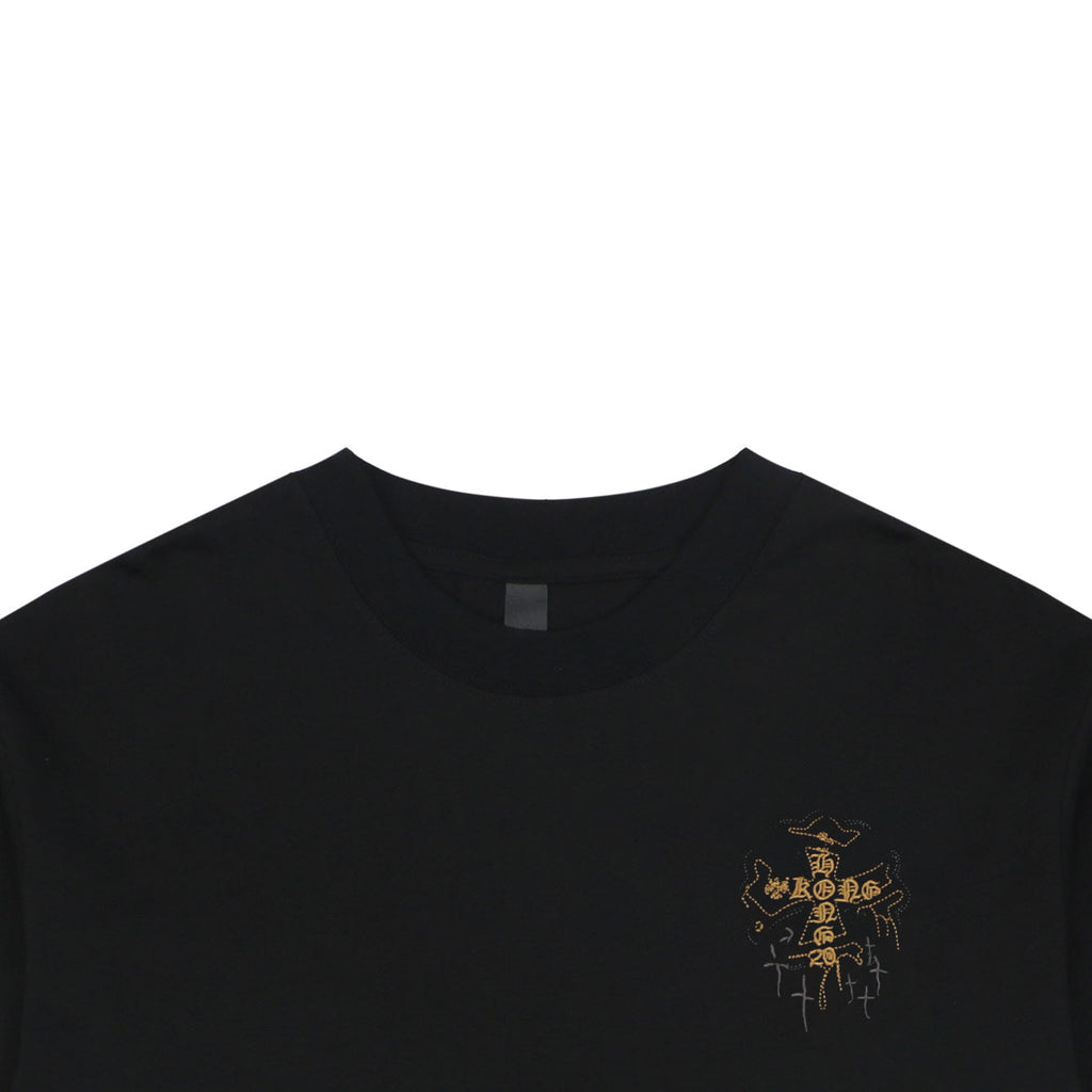 Chrome Hearts Style Black T-Shirt with Gold Cross Graphic and Bottom Logo - Premium Cotton Streetwear Tee
