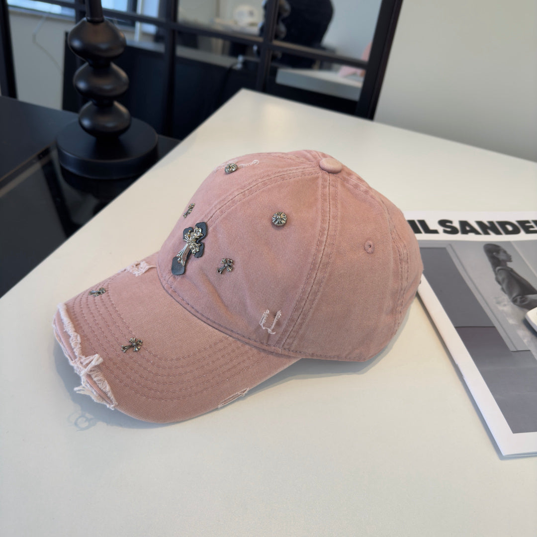 Chrome Hearts Pink Distressed Ripped Baseball Cap