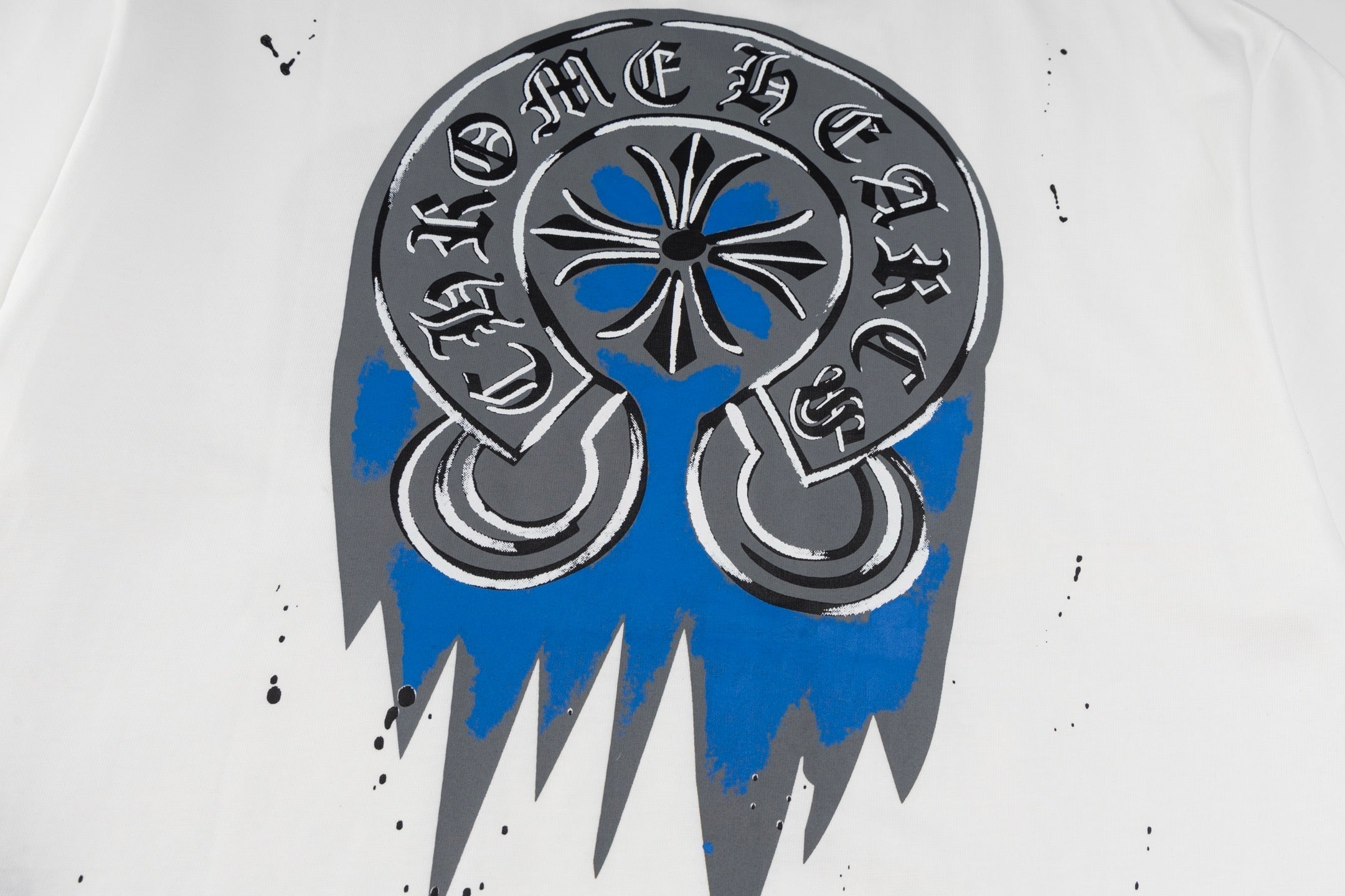 Chrome Hearts White T-Shirt with Blue Drip Horseshoe Cross Graphic