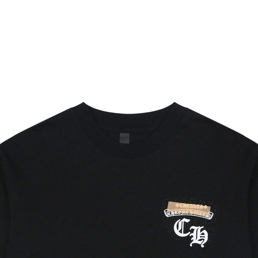Chrome Hearts Style Gold & White Chest Logo T-Shirt - Black Cotton Streetwear Tee