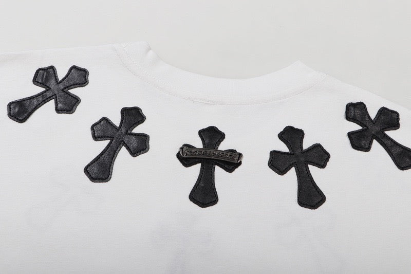 Chrome Hearts Style 3D Cross Applique T-Shirt - Embellished Shoulder Detail, Premium Cotton Streetwear Tee
