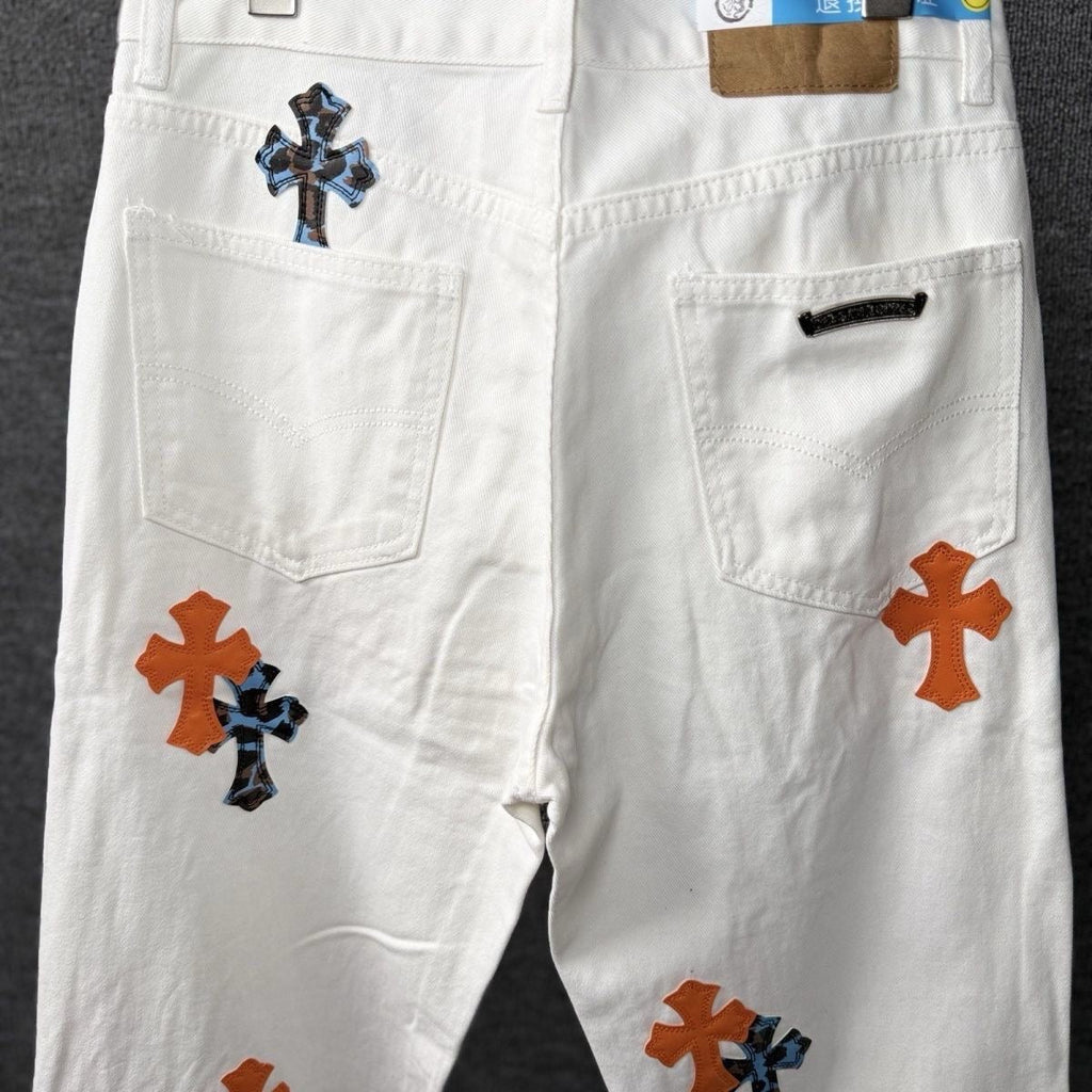 Chrome Hearts "Orange & Blue Leopard Print Cross Patchwork" Jeans