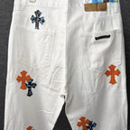Chrome Hearts "Orange & Blue Leopard Print Cross Patchwork" Jeans
