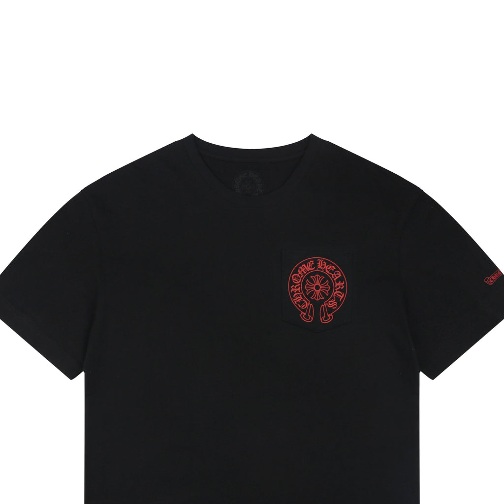 Chrome Hearts Style Red Embroidered Horseshoe Pocket T-Shirt - Black Cotton Streetwear Tee