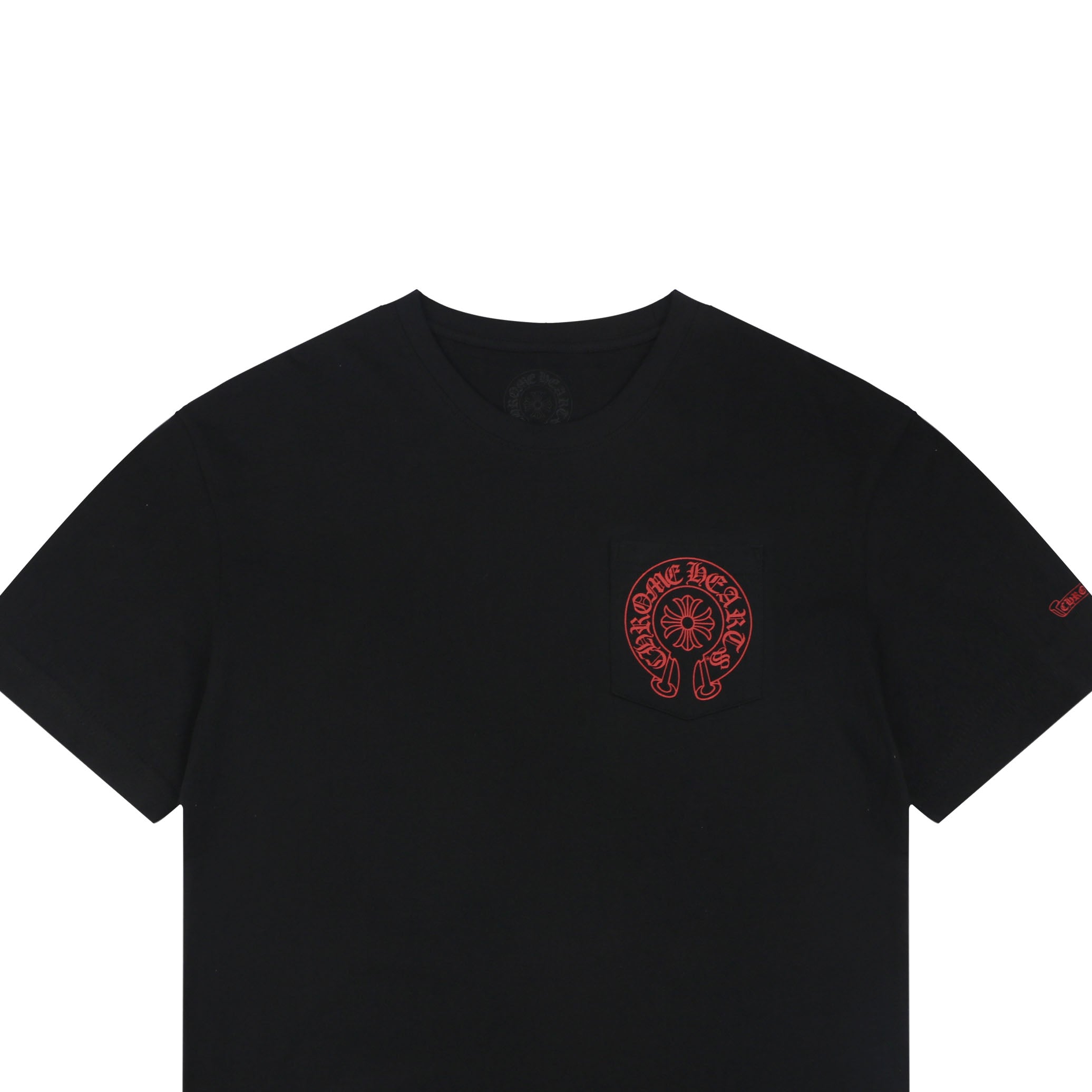 Chrome Hearts Style Red Embroidered Horseshoe Pocket T-Shirt - Black Cotton Streetwear Tee