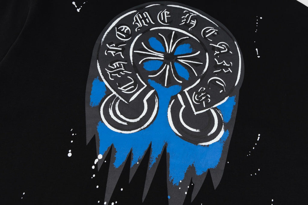 Chrome Hearts Black T-Shirt with Blue Drip Horseshoe Cross Graphic