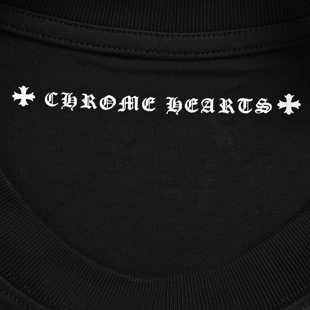 Chrome Hearts 2026 SS Hollywood Triple Cross Pocket T-Shirt - Black Unisex Cotton Tee with Orange Gothic Logo