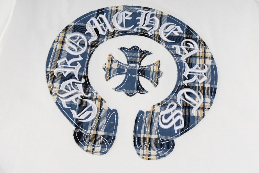 Chrome Hearts Style Plaid Horseshoe Cross T-Shirt - White with Blue Embroidery, Vintage Wash Cotton Streetwear Tee