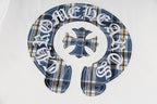 Chrome Hearts Style Plaid Horseshoe Cross T-Shirt - White with Blue Embroidery, Vintage Wash Cotton Streetwear Tee