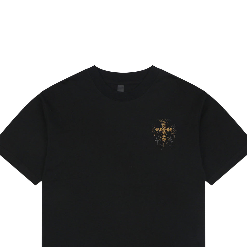 Chrome Hearts Style Black T-Shirt with Gold Cross Graphic and Bottom Logo - Premium Cotton Streetwear Tee