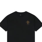 Chrome Hearts Style Black T-Shirt with Gold Cross Graphic and Bottom Logo - Premium Cotton Streetwear Tee