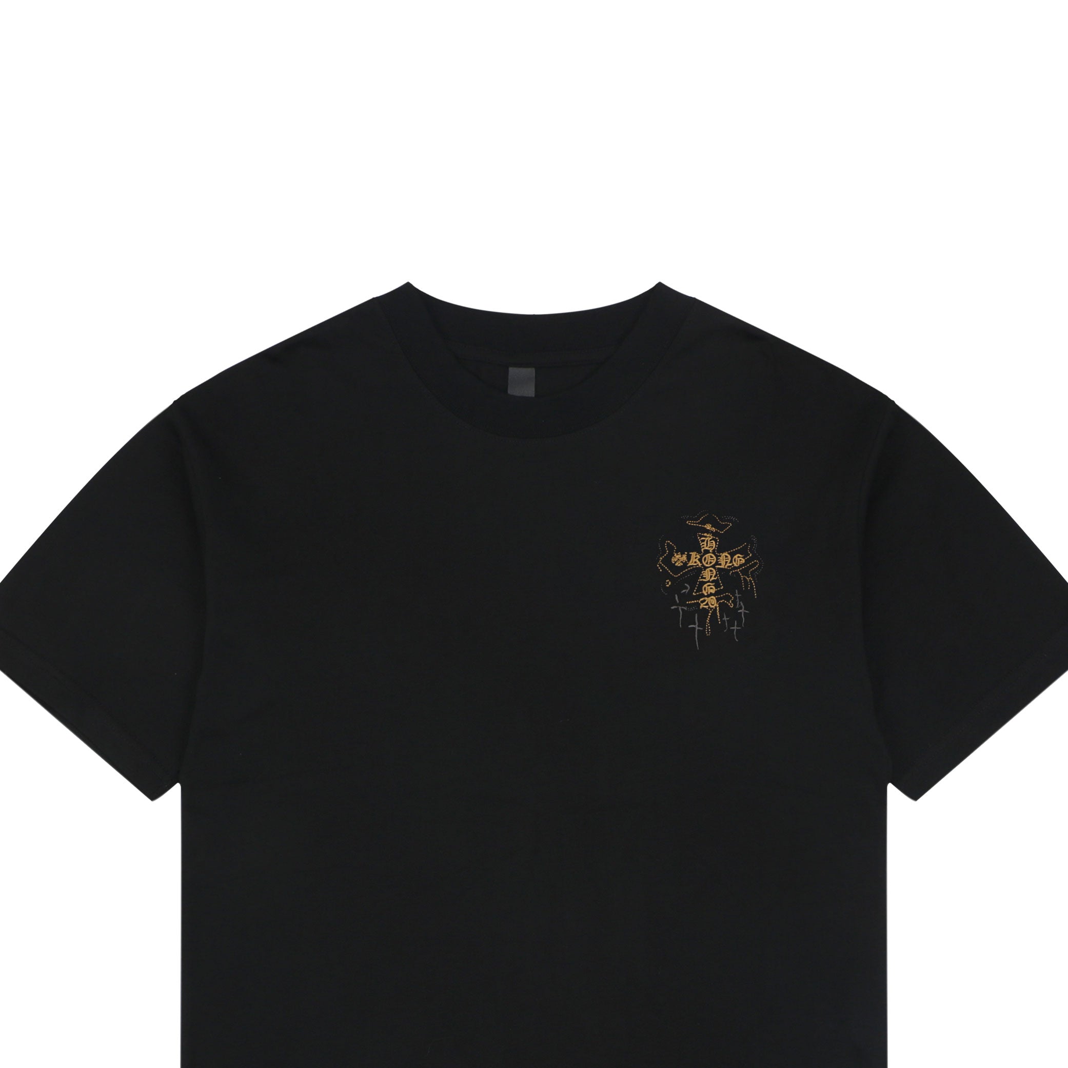 Chrome Hearts Style Black T-Shirt with Gold Cross Graphic and Bottom Logo - Premium Cotton Streetwear Tee