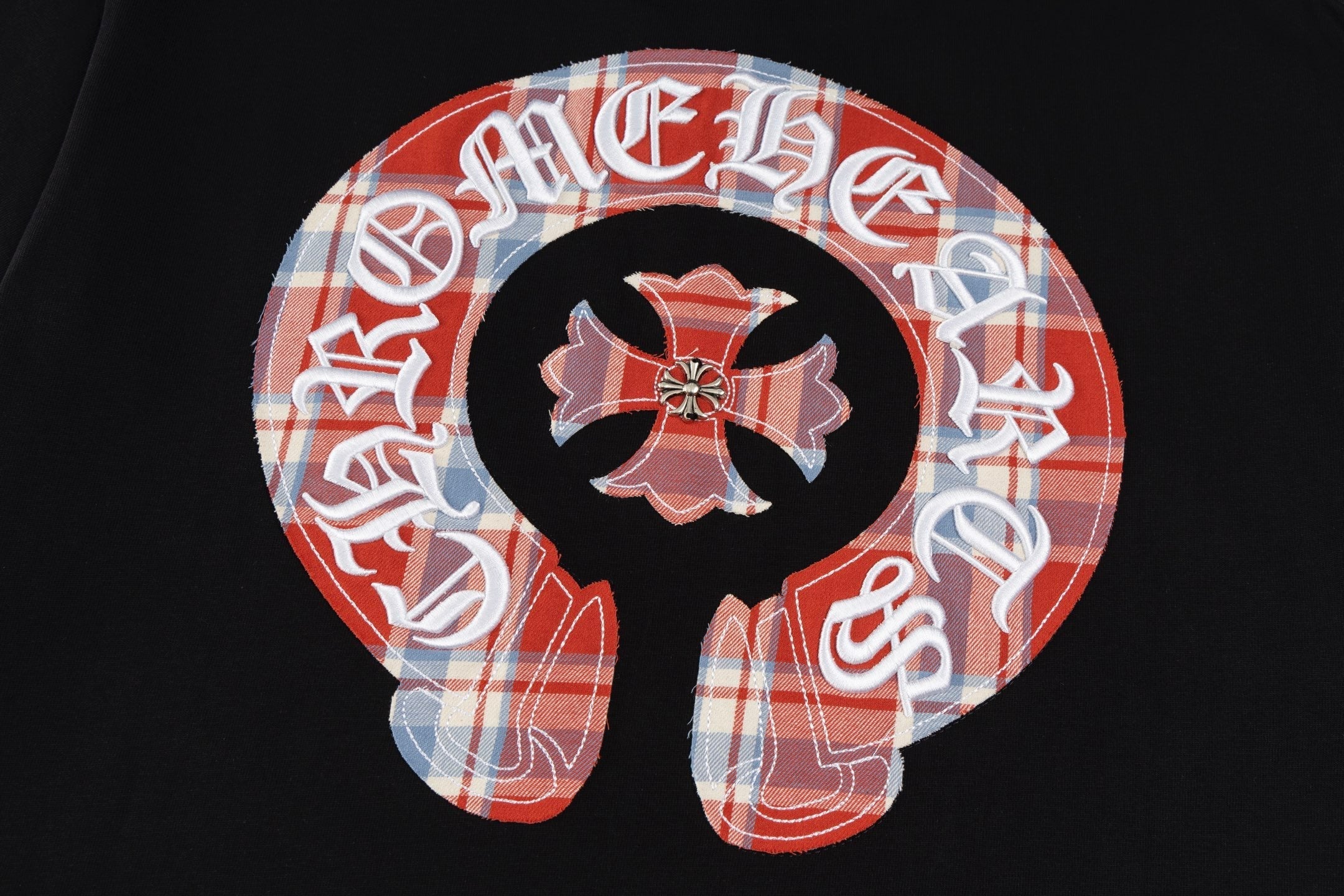 Chrome Hearts Style Plaid Horseshoe Cross T-Shirt - Colorful Embroidered Patch, Vintage Wash Cotton Streetwear Tee