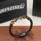 Chrome Hearts Tiger's Eye Cross Leather Cord Bracelet