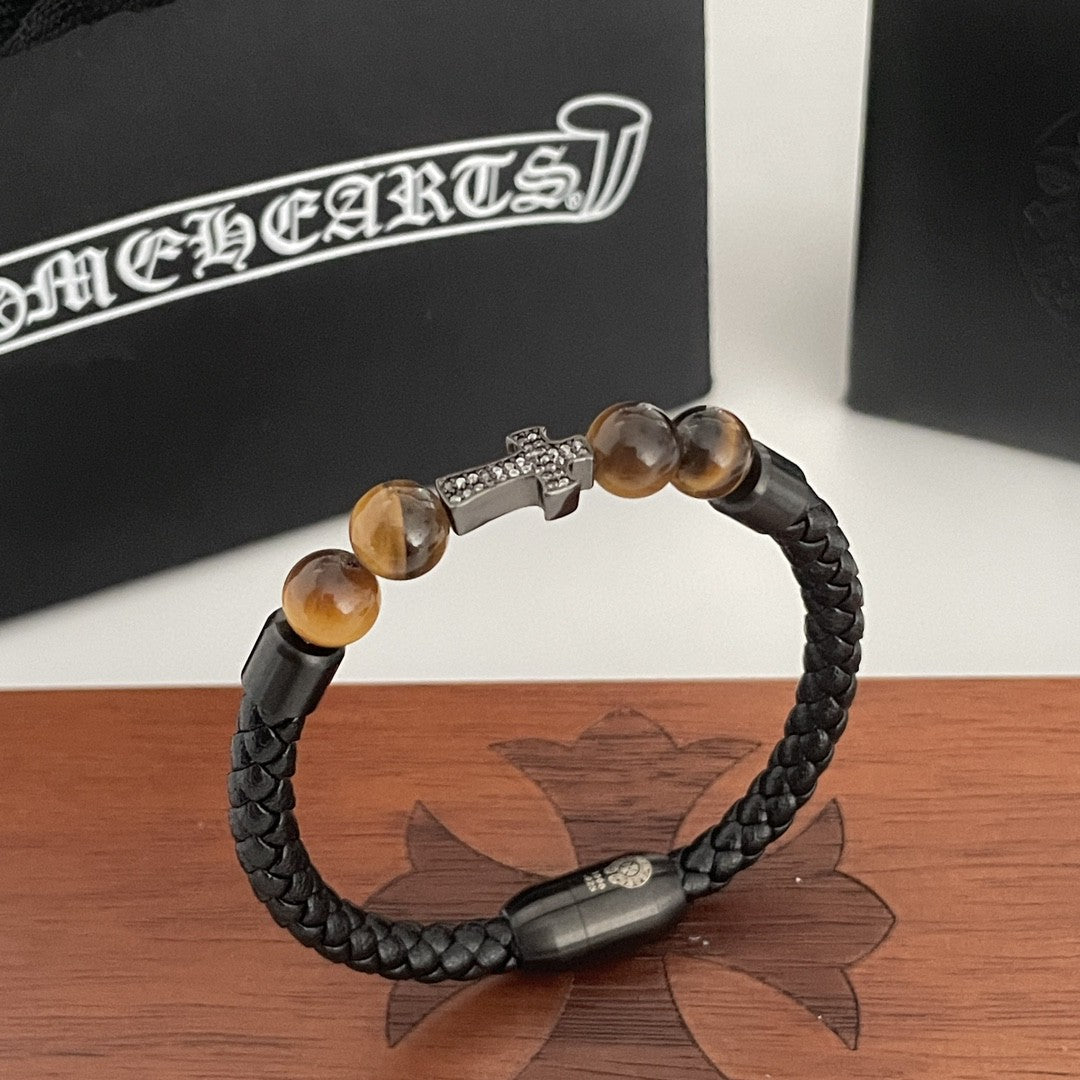 Chrome Hearts Tiger's Eye Cross Leather Cord Bracelet