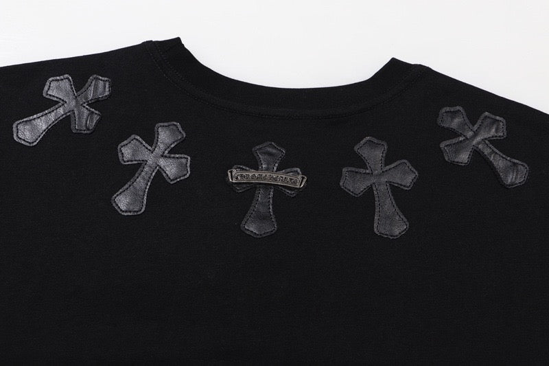 Chrome Hearts Style Men's Black T-Shirt - 3D Leather Cross Appliqué & Silver Hardware, Heavyweight Cotton Streetwear Top