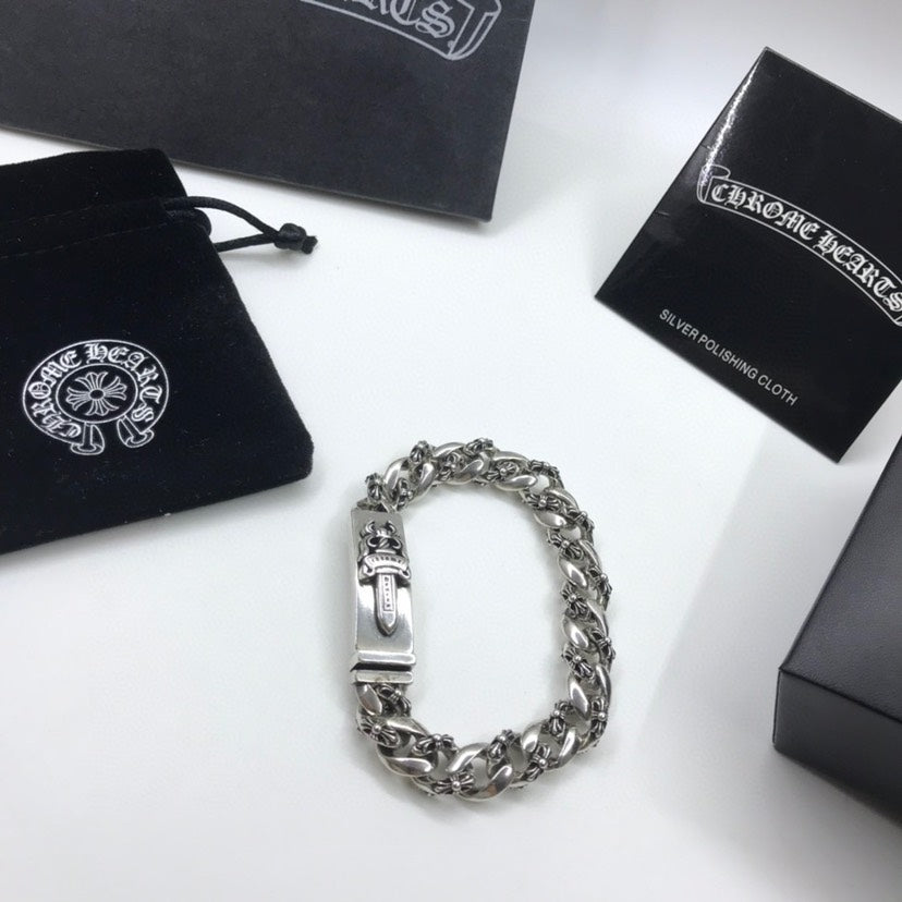 Chrome Hearts 925 Silver Sword and Fleur-de-Lis Bracelet