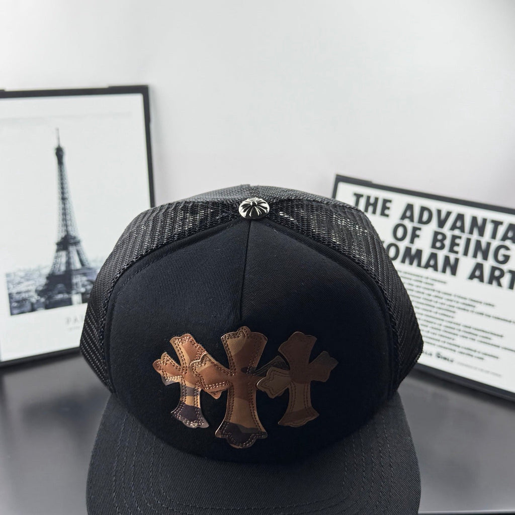 Chrome Hearts Black Camouflage 30-Cross Leather-Patch Mesh Trucker Hat