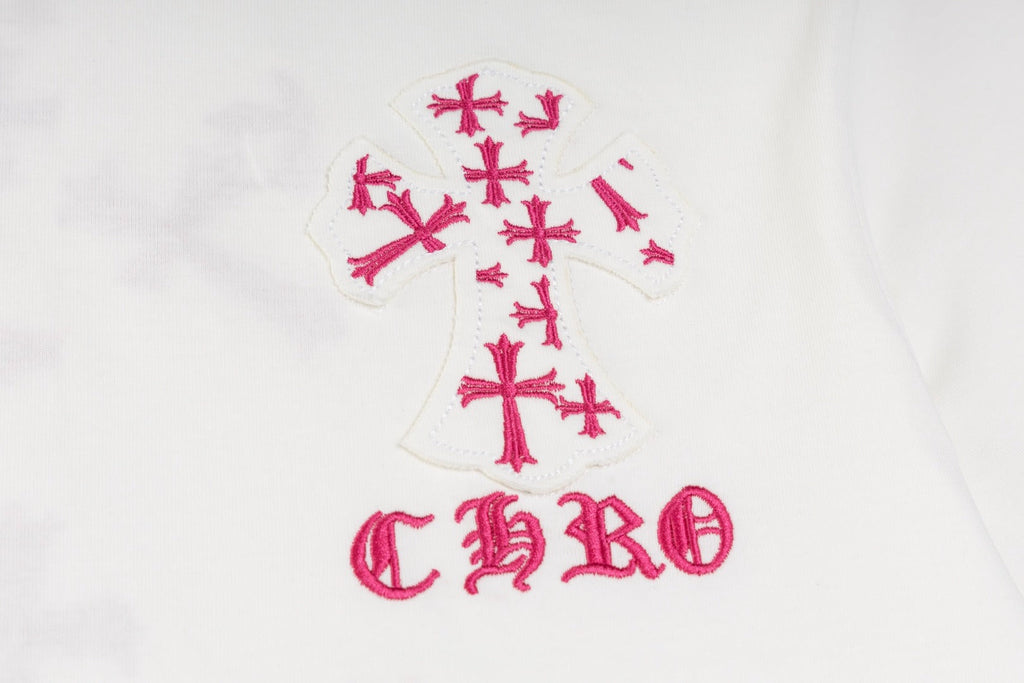 Chrome Hearts White T-Shirt with Pink Cross Appliqué and Embroidery