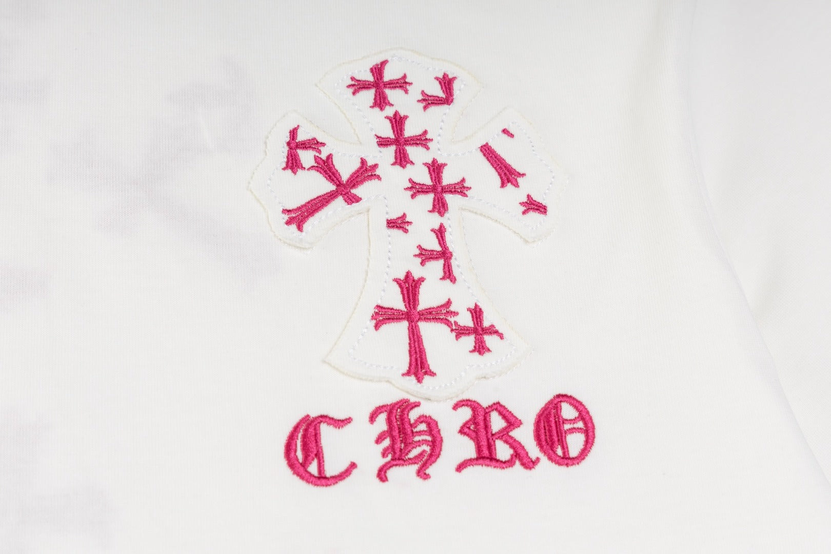 Chrome Hearts White T-Shirt with Pink Cross Appliqué and Embroidery