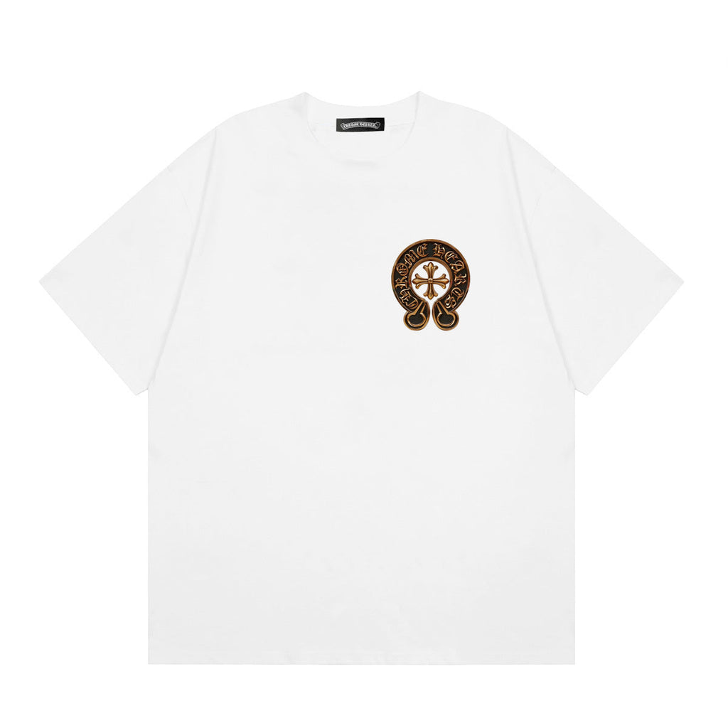 Chrome Hearts Style Gold Horseshoe Cross T-Shirt - 3D Metallic Embossed Graphic, Black Cotton Streetwear Tee