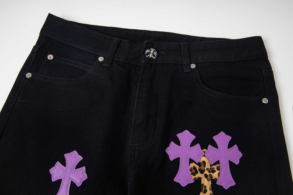 Chrome Hearts Black Denim Jeans with Purple Leopard-Print Cross Leather Patches