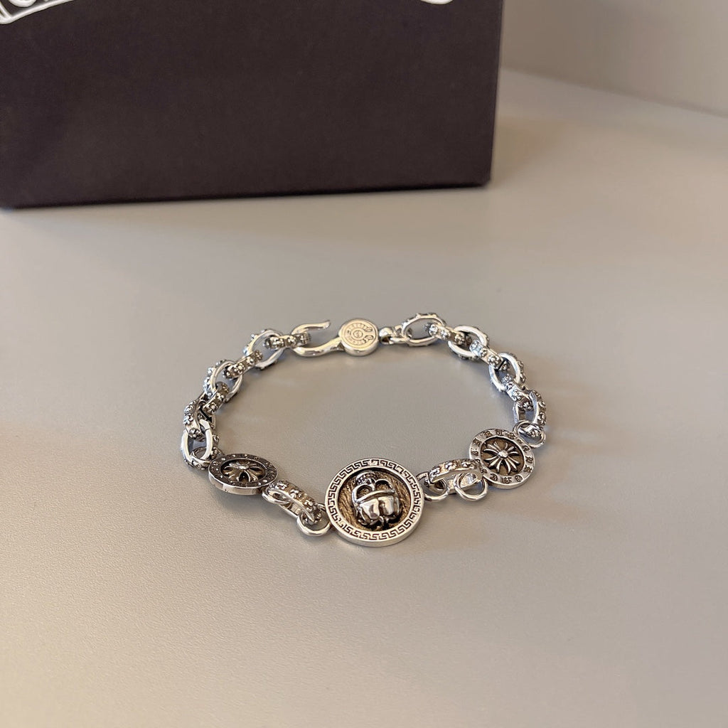 Chrome Hearts 925 Silver Round-Tag Beaded Bracelet