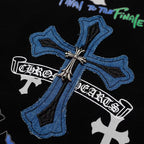 Chrome Hearts 2026 SS Blue & White Cross Embroidered T-Shirt - Black Unisex Cotton Tee with Gothic Logo