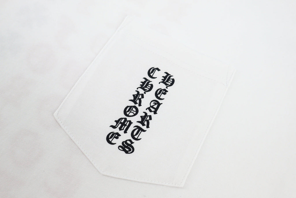 Chrome Hearts Style Tokyo Exclusive Pocket T-Shirt - Vertical Gothic Print & Floral Cross Grid, White Cotton Streetwear Tee